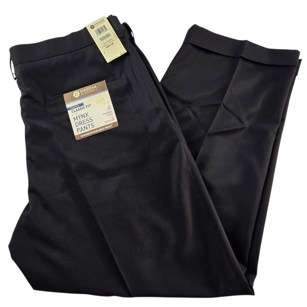 Haggar Men's Mynx Dress Pants Size 40x29 Black No Iron Expandable Waist NWT $65